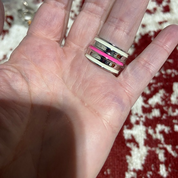 Lia Sophia Silver Tone Ring With Pink and White Stripes. SZ 8 - Picture 2 of 3